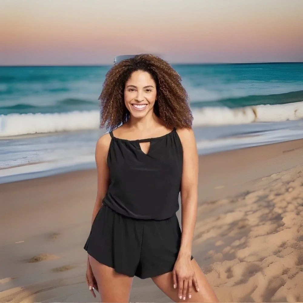 Aqua Green UPF 50 High Neck Swim Romper w/ Pockets One Piece Swimsuit 17 Black